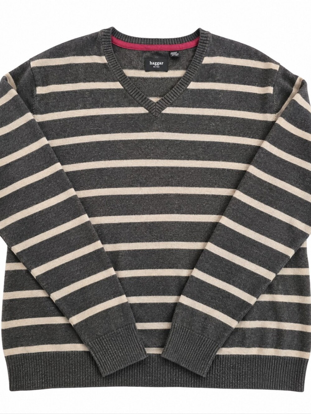 Haggar Dark Gray & Light Gray Striped V-Neck Sweater with Maroon Trim
